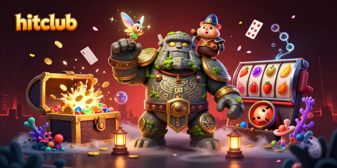 hitclub showcases an interactive scene with a stone golem guardian, fairy magic, and hamster knight amidst dynamic casino elements