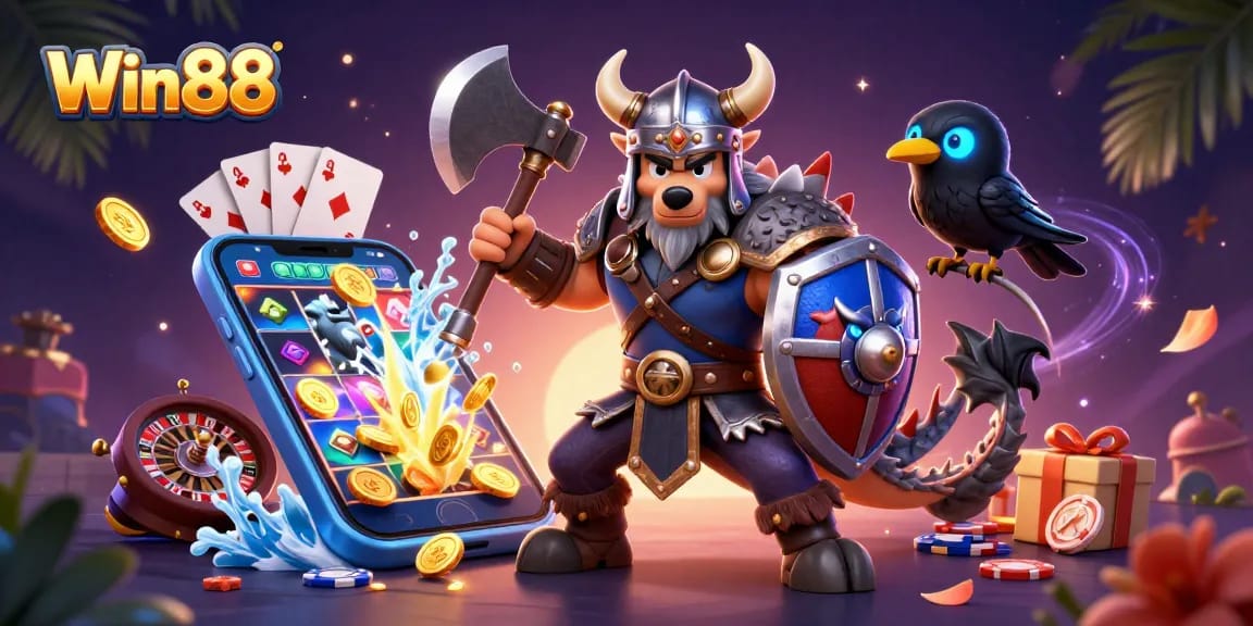 Win88 slots illustrated with a Viking wolf warrior and dragon in an engaging scene.
