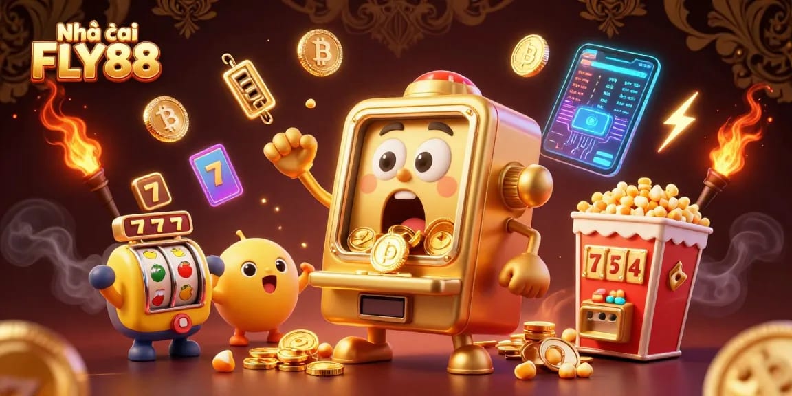 Get ready to win big with Nhà cái FLY88 as a golden slot machine celebrates its jackpot!