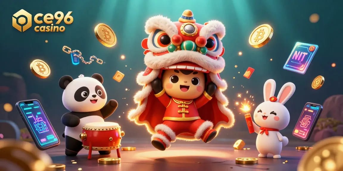 Experience the thrill of ace96 casino with lively characters celebrating gaming and crypto excitement.