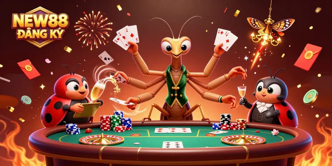 Engage with NEW88 ĐĂNG KÝ for thrilling gameplay, featuring a lively casino scene with animated characters.