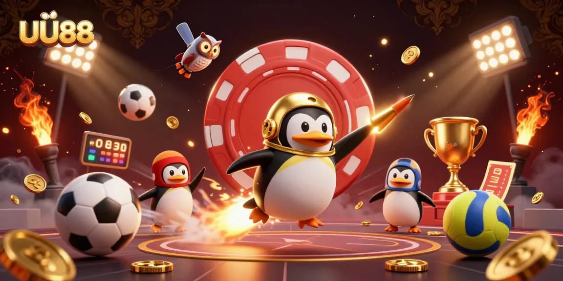 Experience thrilling gameplay at UU88 with our stylish golden penguin racing to the ultimate casino!