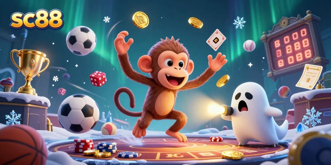 Experience thrilling games at sc88 with an illustration of a ghost-hunter puppy tracking a poltergeist monkey in a haunted casino.