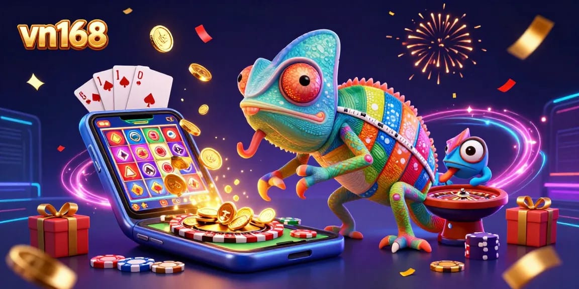 Play and win big with vn168, featuring a colorful chameleon casino owner amidst captivating gaming elements.