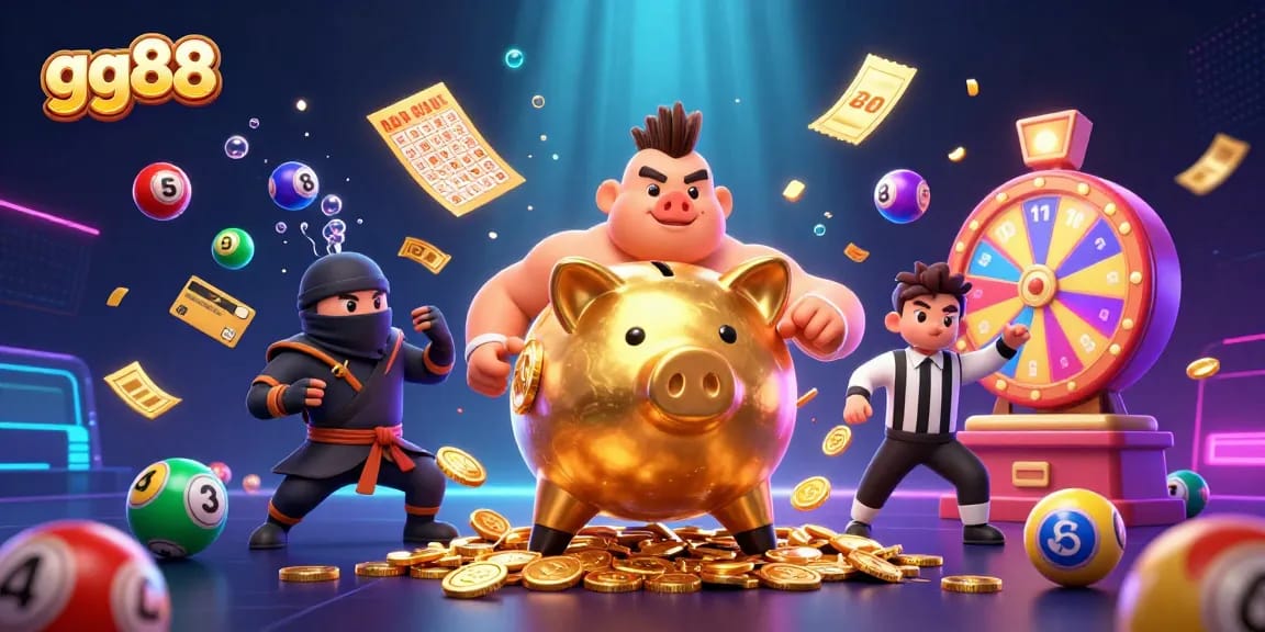 Join the excitement at gg88 with a vibrant dynamic scene featuring a golden piggy bank sumo wrestler and casino game elements.