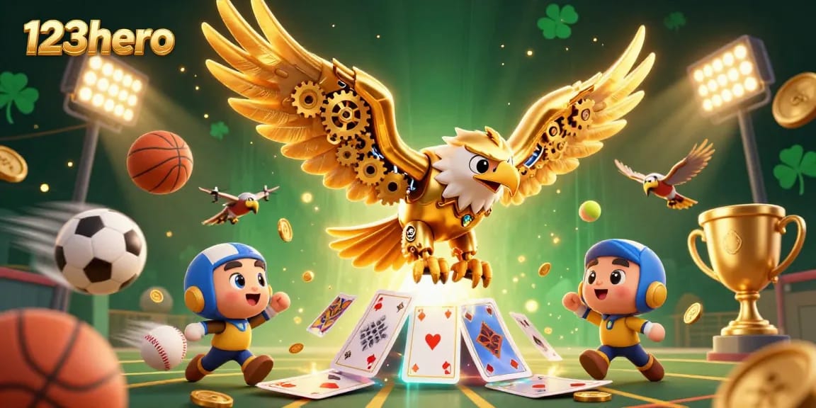 Experience gaming excitement with 123hero's lively 3D casino scene featuring dynamic sports elements.