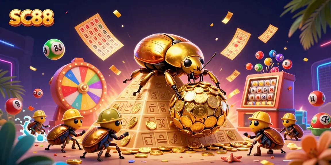Engage with vibrant SC88 casino entertainment featuring golden beetles and lottery games.