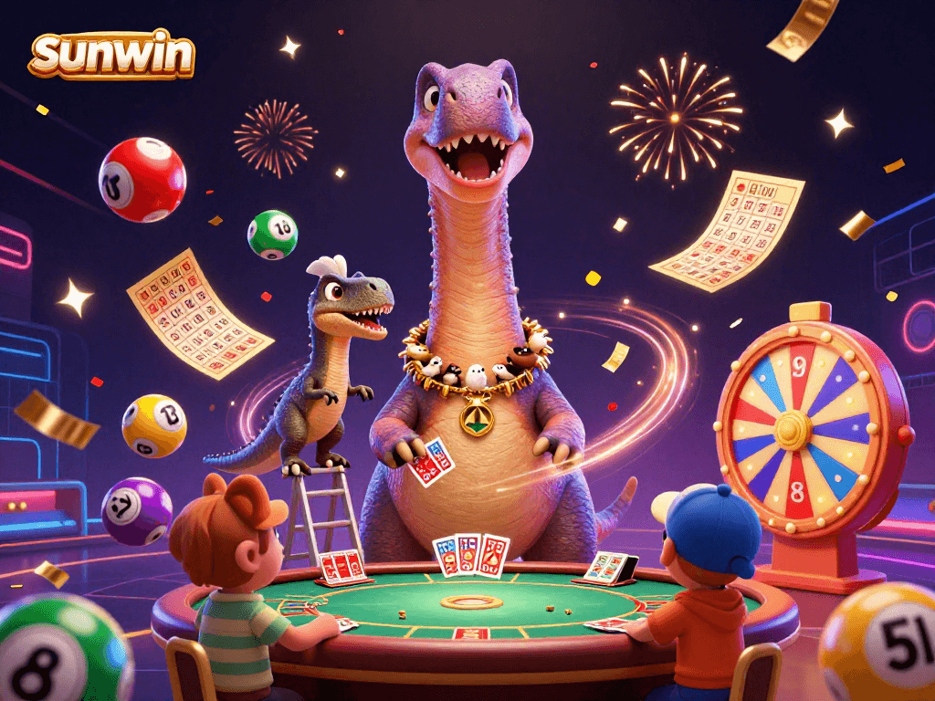 Sunwin casino scene featuring a brontosaurus and clever raptor amidst vibrant lottery balls.