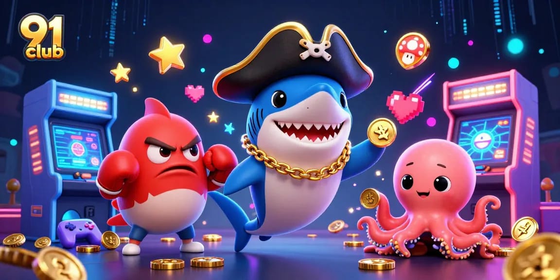 Participate in the thrilling 91 club gaming experience with engaging characters and colorful casino elements.