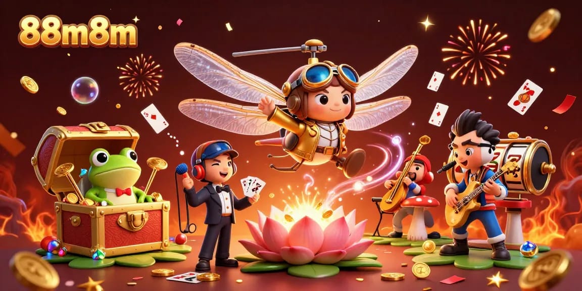 Engage with thrilling games at 88m8m, featuring dragonfly pilot and frog dealer in vibrant casino.