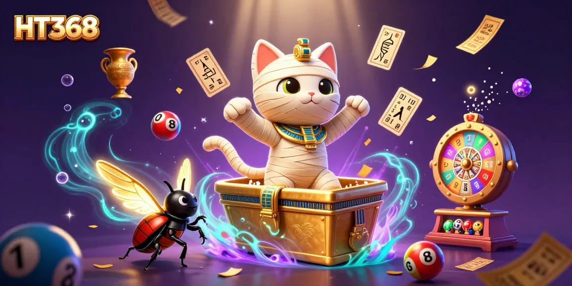 Engage in thrilling experiences at HT368 with a vivid casino scene featuring Egyptian mummy cat and glowing elements.