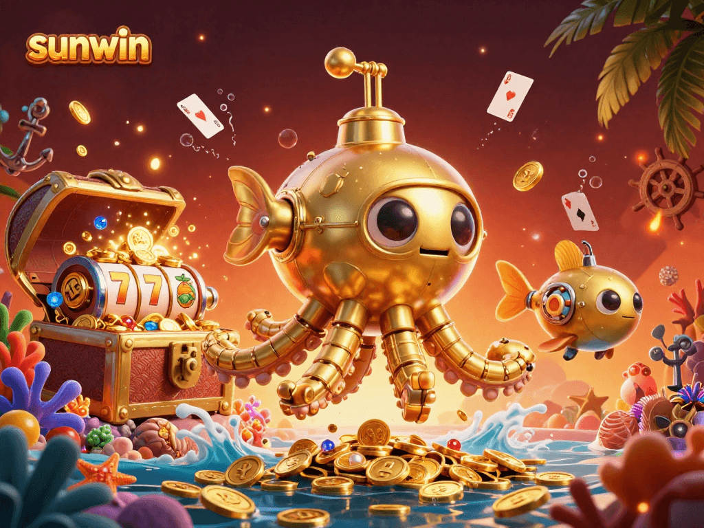 Sunwin showcases a vibrant 3D scene of a golden kraken submarine amidst vibrant slot gaming elements.