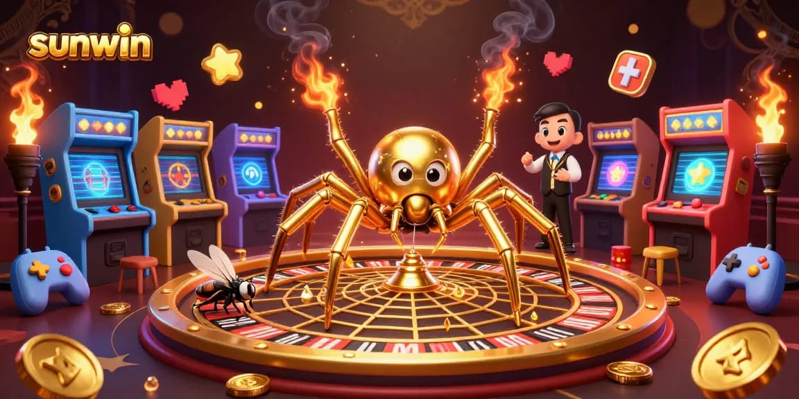 Bet big with sunwin in a vibrant casino-themed illustration featuring a golden spider and a centipede croupier.
