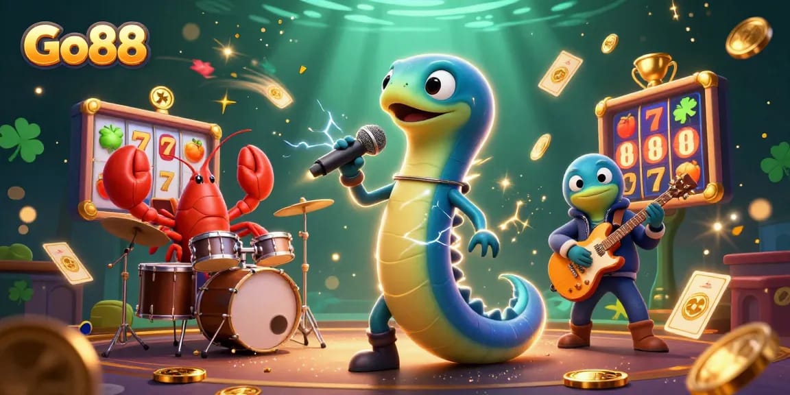 Engage with Go88’s vibrant underwater slots scene featuring a DJ electric eel, lively characters, and dynamic game elements.