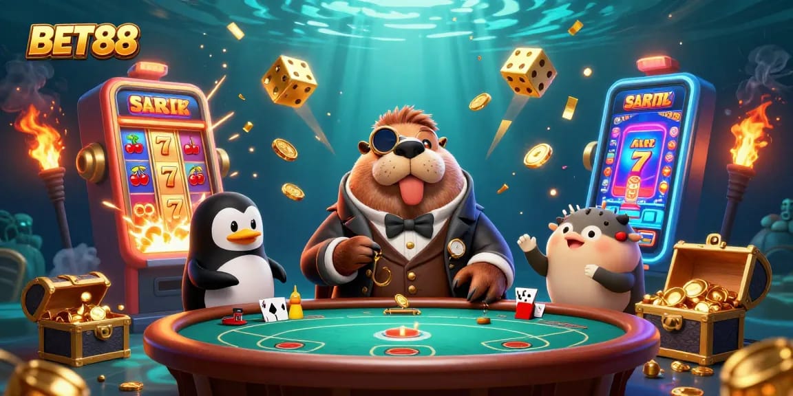 Engage in exciting slots with BET88's jolly walrus and penguin dealer at an underwater poker game.