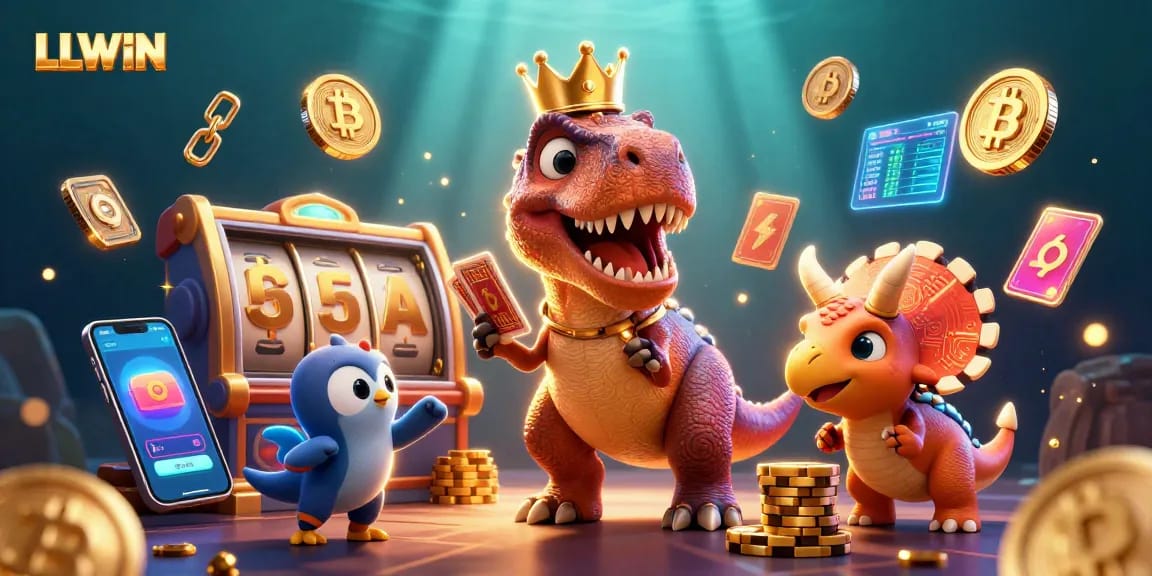 LLWIN features a cheerful T-Rex playing cards while cryptocurrency coins illuminate the vibrant casino scene.