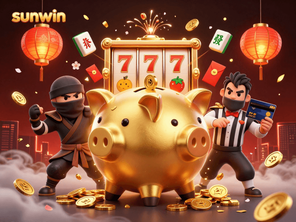 Engage with sunwin's vibrant illustration featuring a golden piggy bank sumo wrestler amidst dynamic casino action.