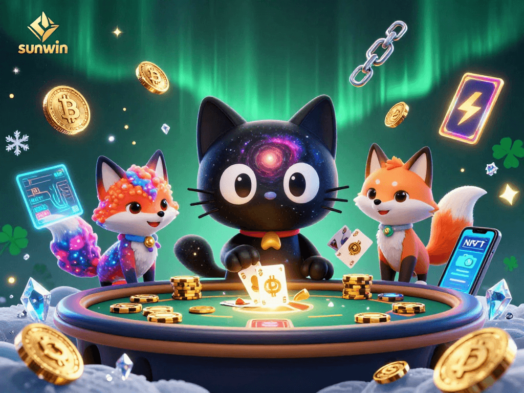 Engage with sunwin in a vibrant cosmic casino featuring a black hole cat and nebula fox.
