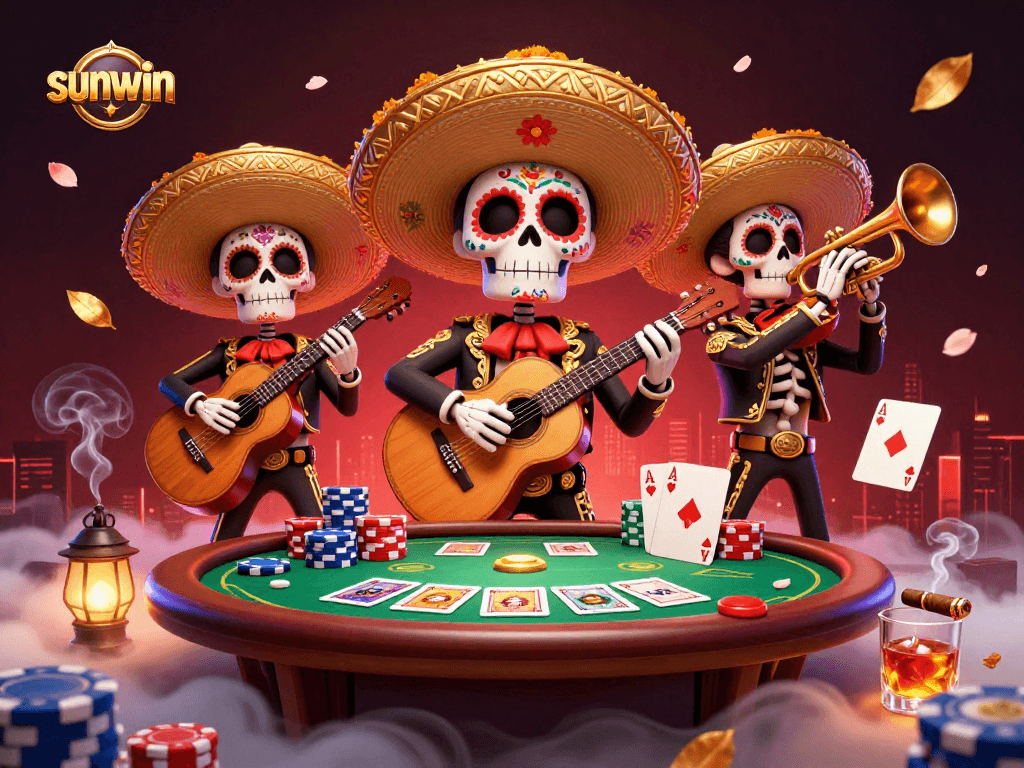sunwin presents a vibrant mariachi band at a poker table with colorful chips, showcasing lively casino action