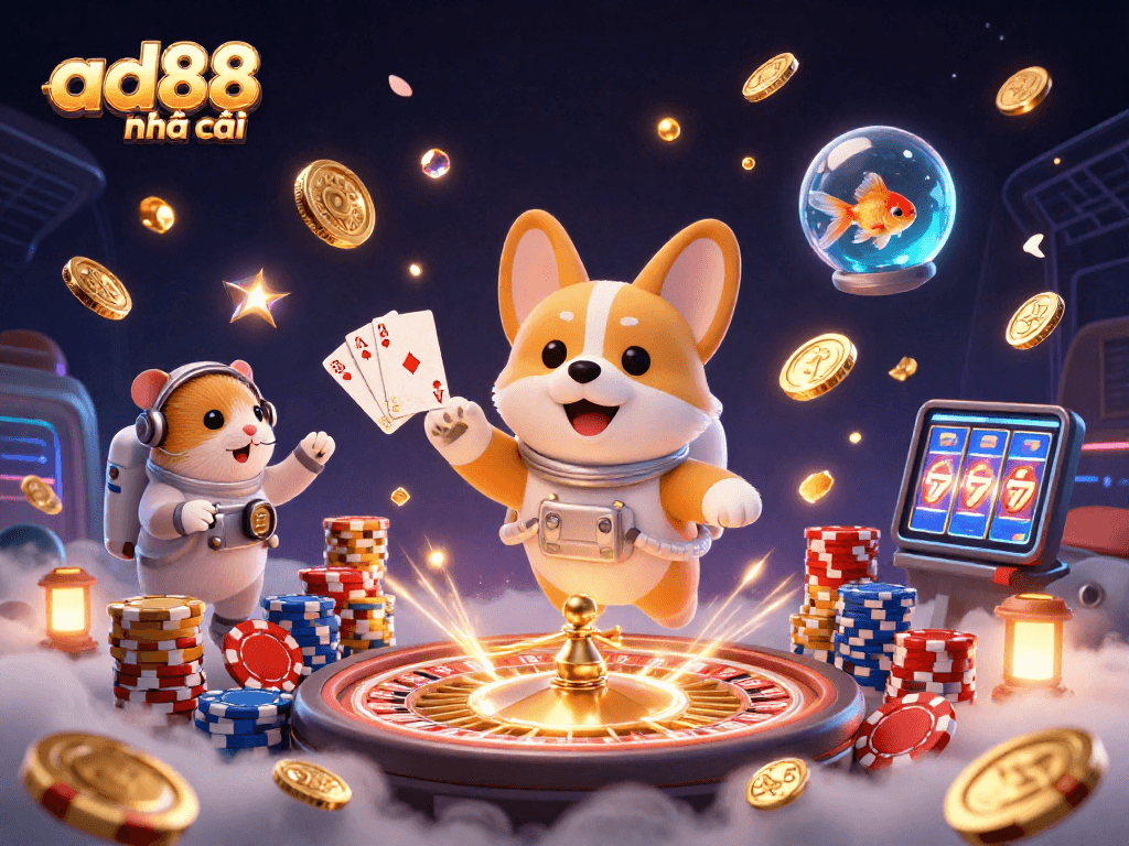 Experience excitement at ad88 nhà cái with a cartoon astronaut corgi in a space-themed casino adventure.