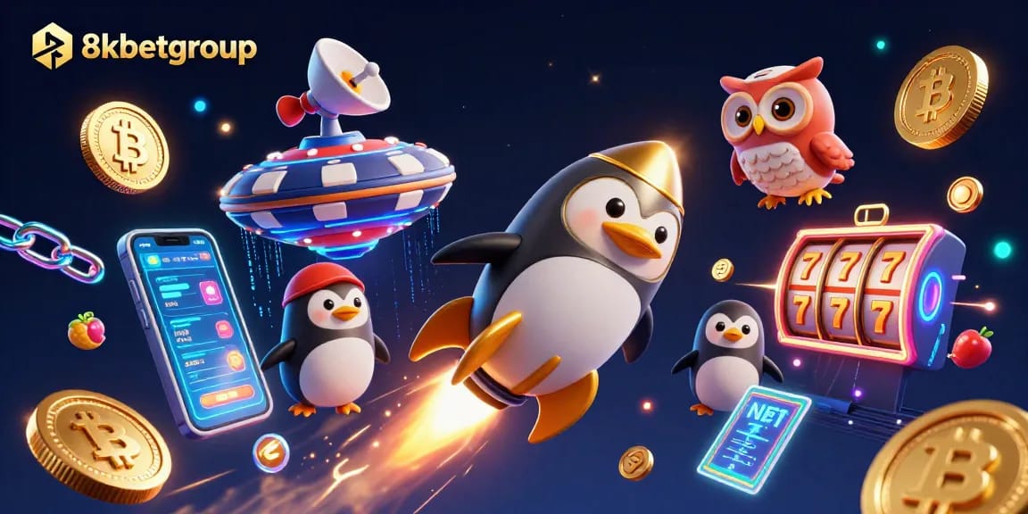 Experience thrilling slots and crypto excitement with 8kbetgroup in a detailed 3D casino illustration.