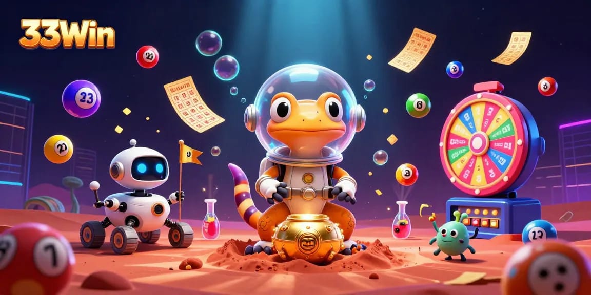 Engage with 33Win in a vibrant casino adventure featuring a Martian gecko and lottery excitement!
