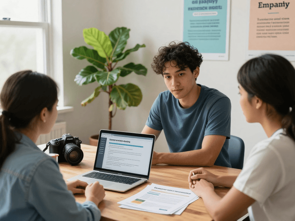 Engaging scene in a consultation space for Soziale Einrichtungen, highlighting a team member discussing digital privacy with a caregiver amidst supportive materials.
