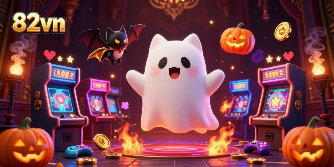 Engage with the 82vn casino adventure featuring a ghost cat and bat in a haunted space.