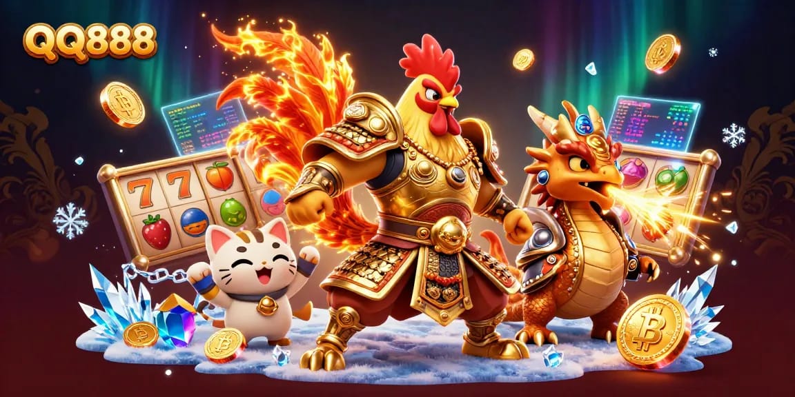 QQ888 showcases an action-packed online gaming scene featuring a dynamic rooster warrior and dragon hatchling.