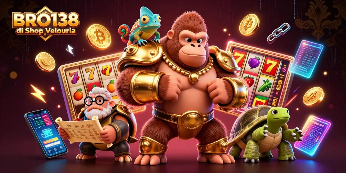 Engage with BRO138 di Shop Velouria for thrilling slot gaming experiences surrounded by vibrant 3D elements.