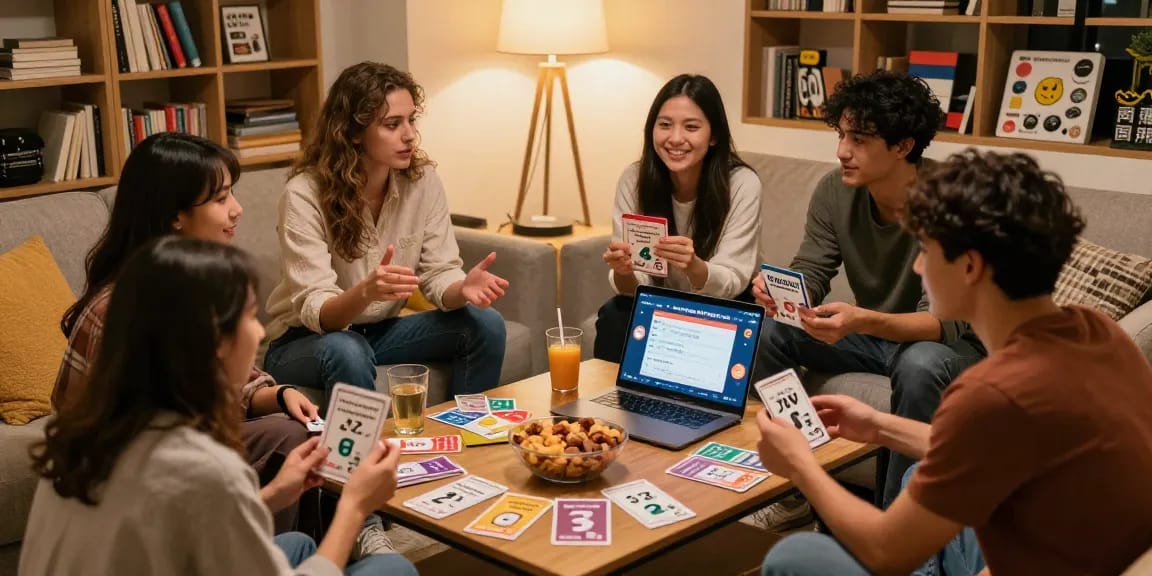 Quiz Allgemeinwissen Spaß in gemütlicher Runde mit Freunden, lebhafte Diskussion über Fragen.