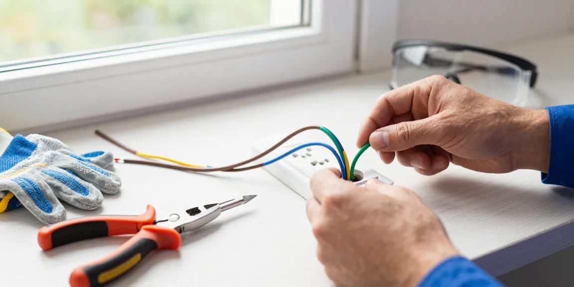Steckdose anschließen Anleitung mit drei Kabeln in einer Werkstatt, Elektriker erklärt die Farben und den Anschluss.