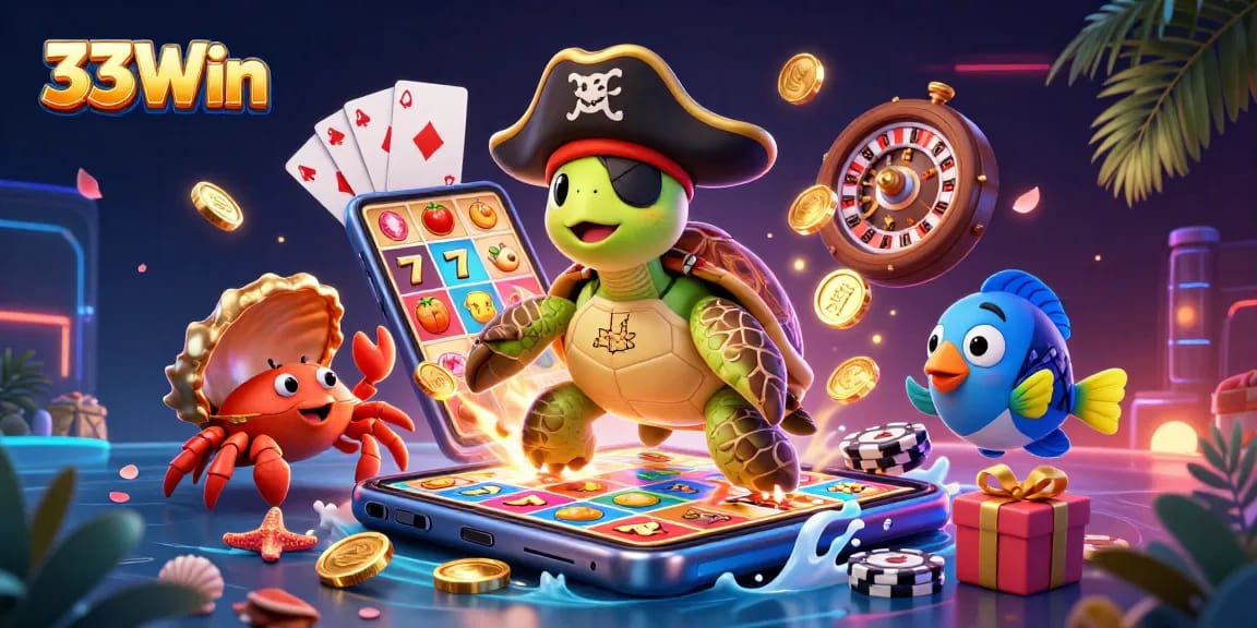 Experience the excitement of 33Win with a pirate turtle and vibrant casino elements in an engaging scene.