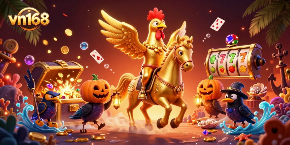 Activate the vn168 casino excitement with the golden rooster riding through a treasure-filled casino.