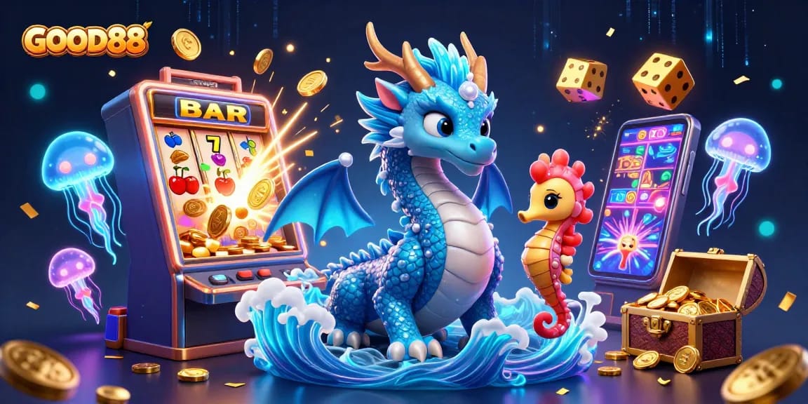 Play exciting games at GOOD88 with a vibrant casino scene showcasing thrilling slots and glowing characters.