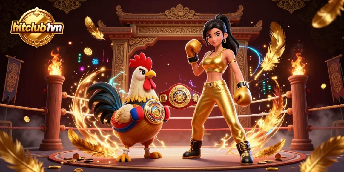 Experience the exhilarating action of hitclub1vn with a dynamic scene featuring a powerful woman, a championship rooster, and immersive casino elements.