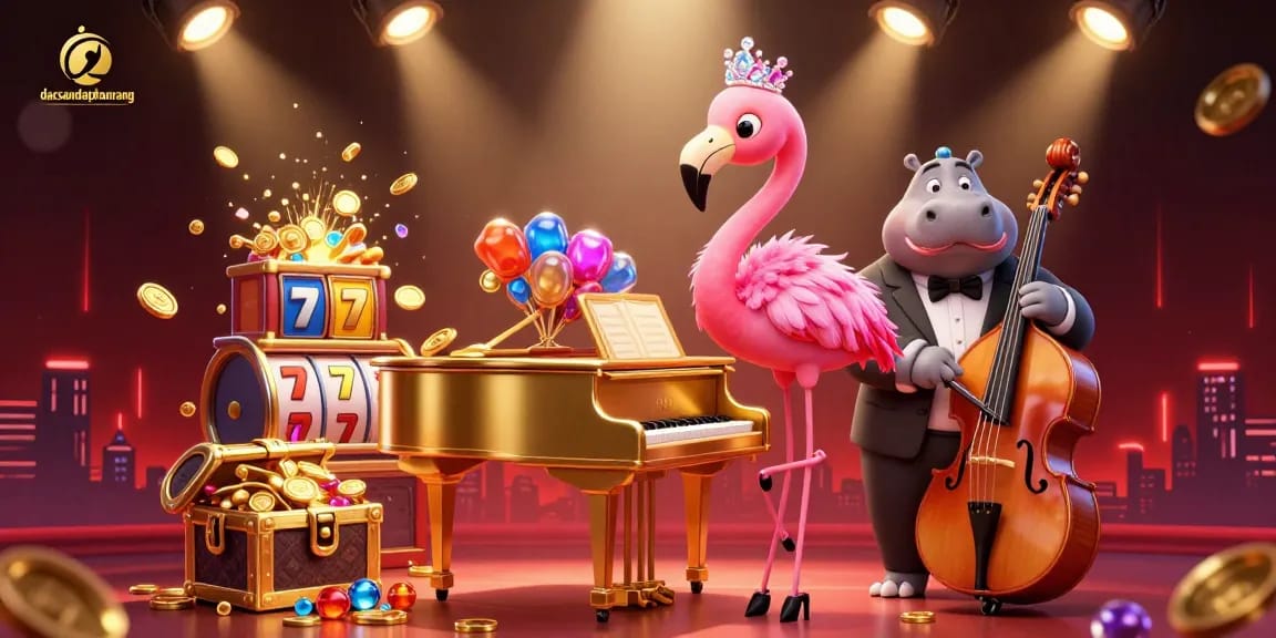 Experience the vibrant gaming world of dacsandatphanrang with a colorful casino scene featuring a flamingo singer, treasure chests, and slot reels.