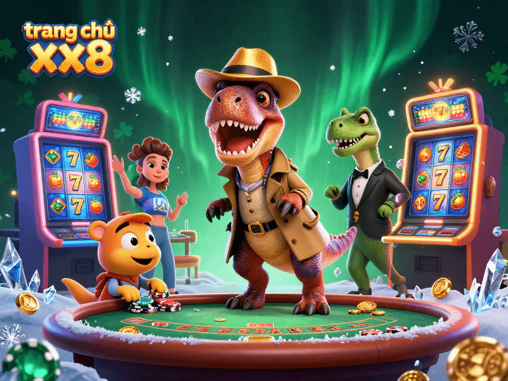 Experience the thrill at trang chủ xx8 with a colorful casino scene featuring playful dinosaurs and vibrant slot machines.