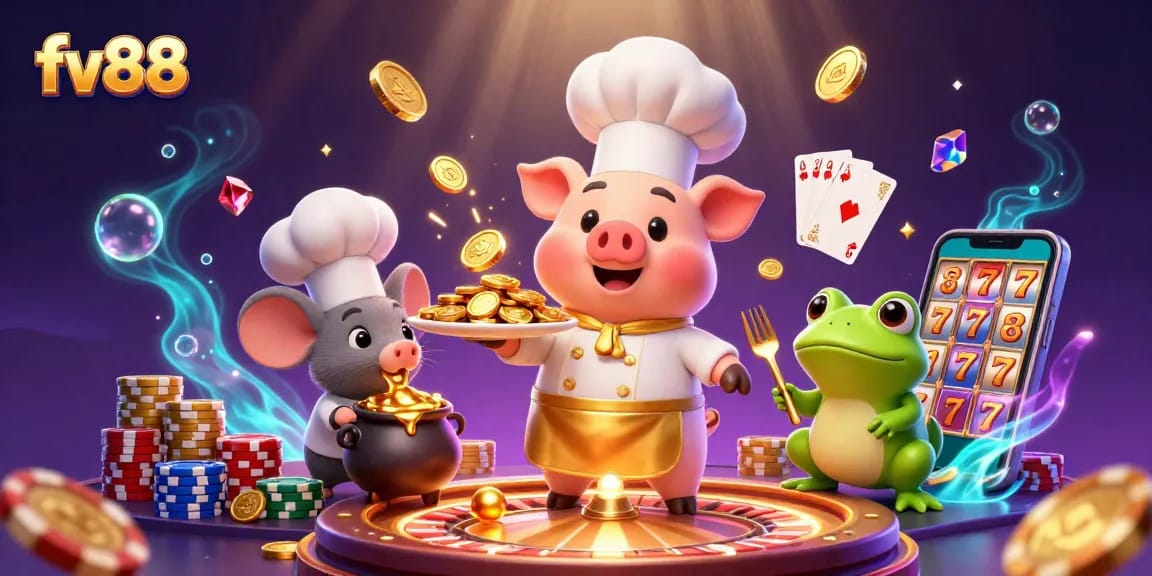 Experience winning moments at fv88 with a chef pig serving gold coins in an exciting casino scene.