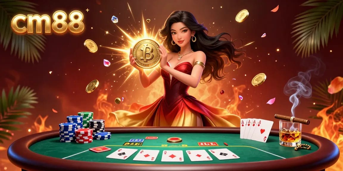 Experience the vibrant excitement of cm88's casino with stunning visuals of a golden coin raining down wealth.