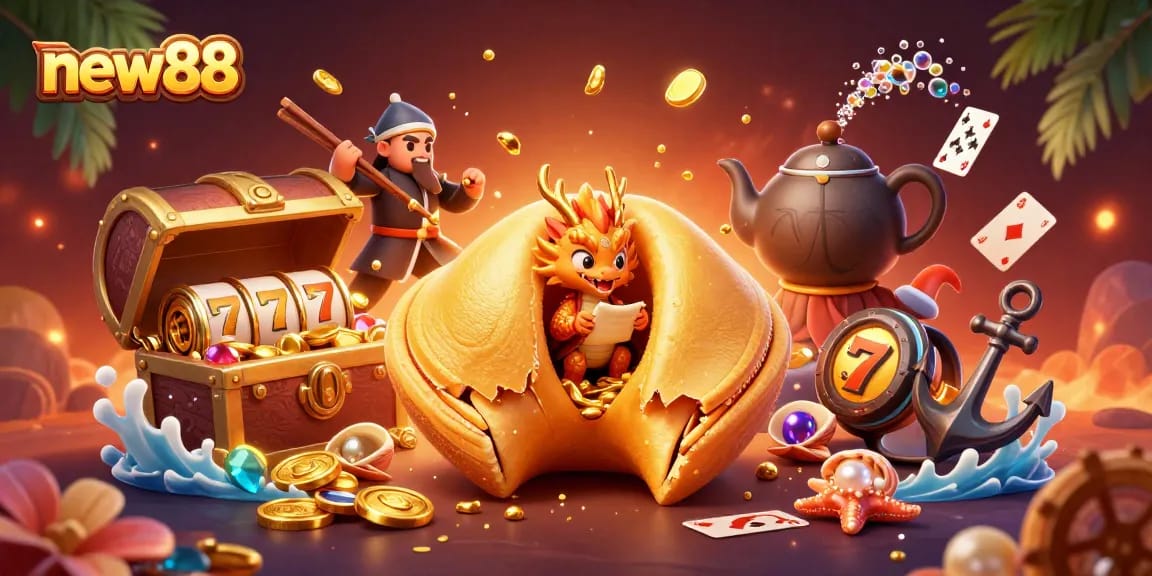 Join the excitement at new88 with a magical casino scene of fortune cookies, dragons, and rich treasures.