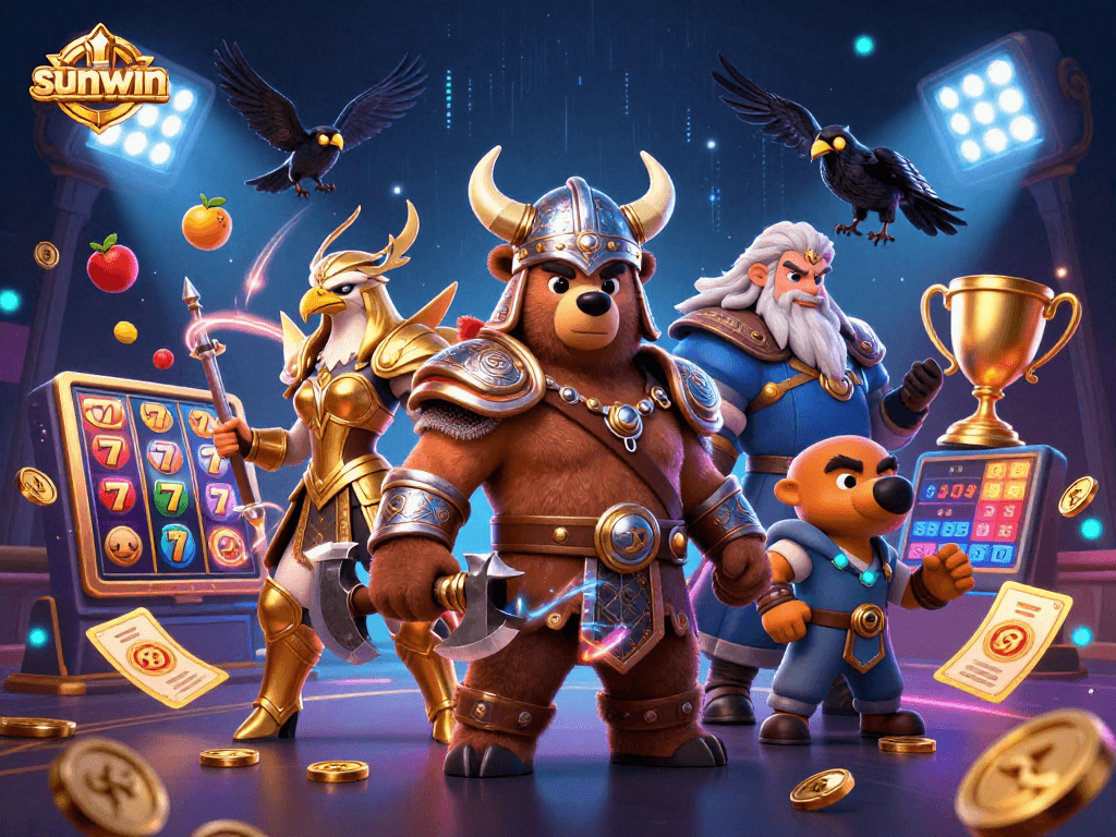 Bet big with sunwin! A vibrant 3D casino scene featuring Viking and slots elements.