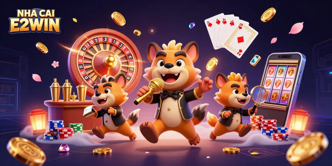 NHA CAI E2WIN showcases lively cartoon hyenas enjoying an exciting night at the casino with drinks and laughter.