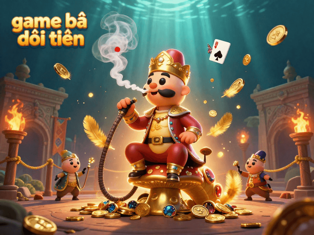 Engage in game bài đổi thưởng with a whimsical 3D scene of a hookah-master and treasure.