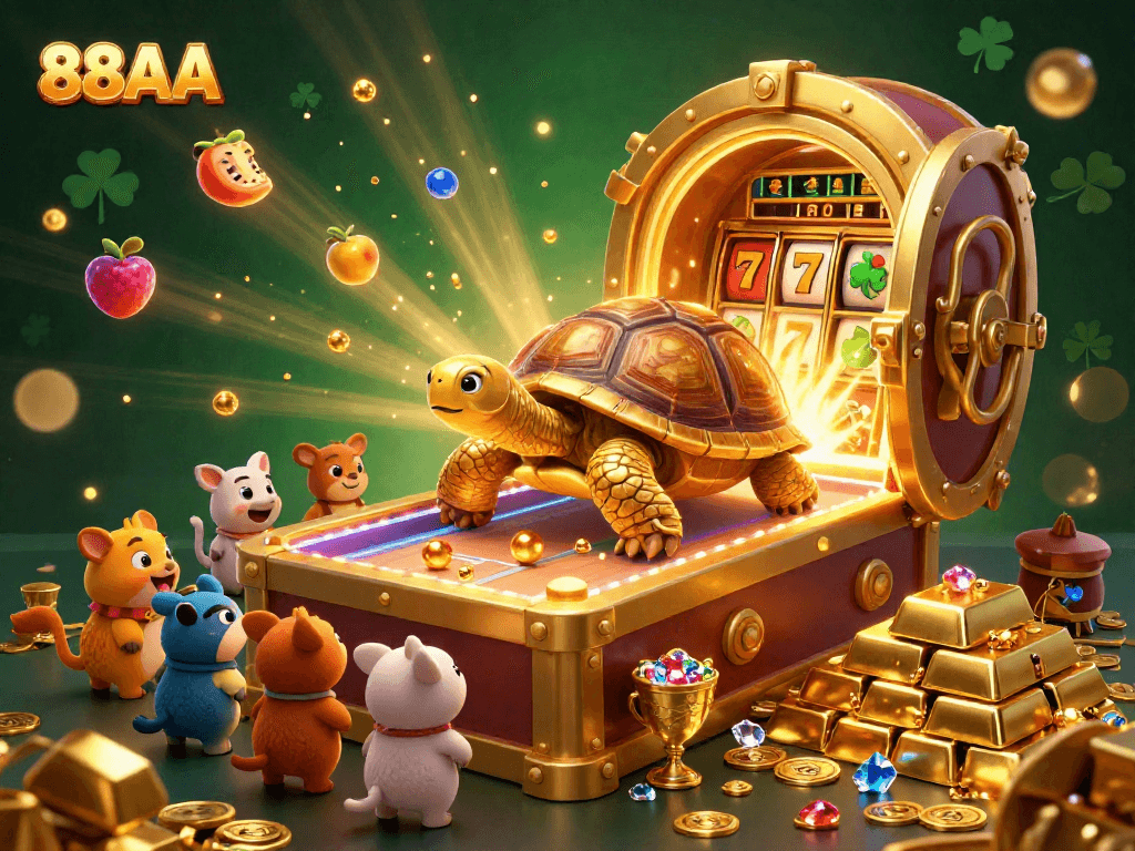 Experience the excitement of 88AA in a vibrant casino scene with golden tortoise characters and treasures.