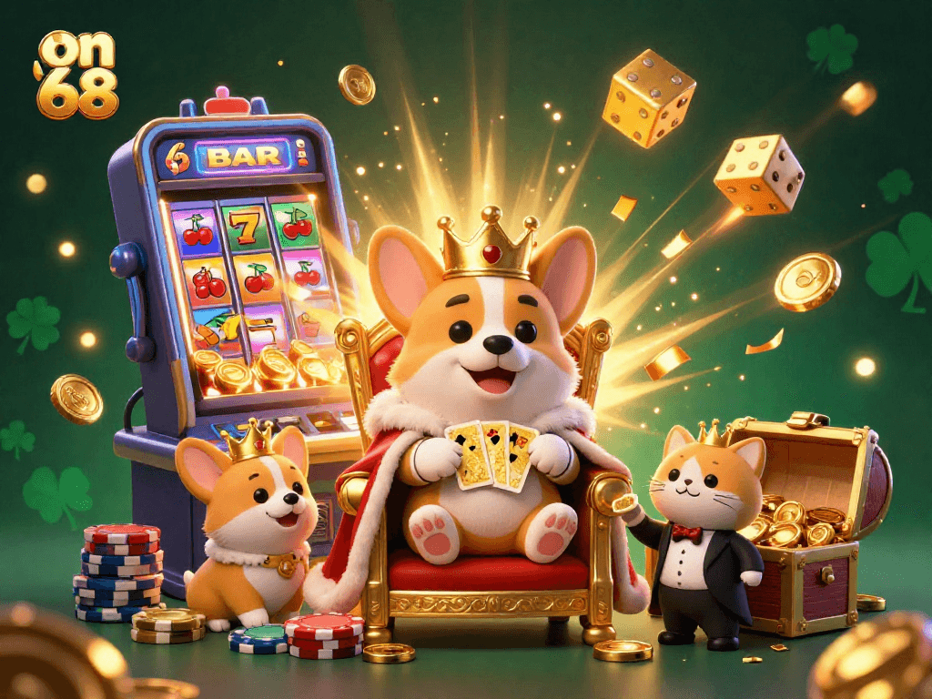Join the royal corgi on 68's thrilling slot adventure with jackpot explosions and dazzling casino elements.