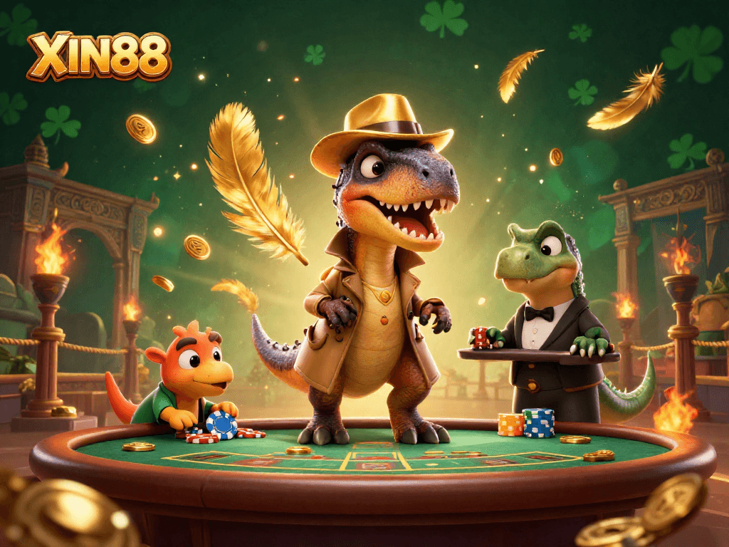 XIN88 showcases a card-counting velociraptor at a blackjack table with a stegosaurus pit boss and a compy pickpocket stealing chips.