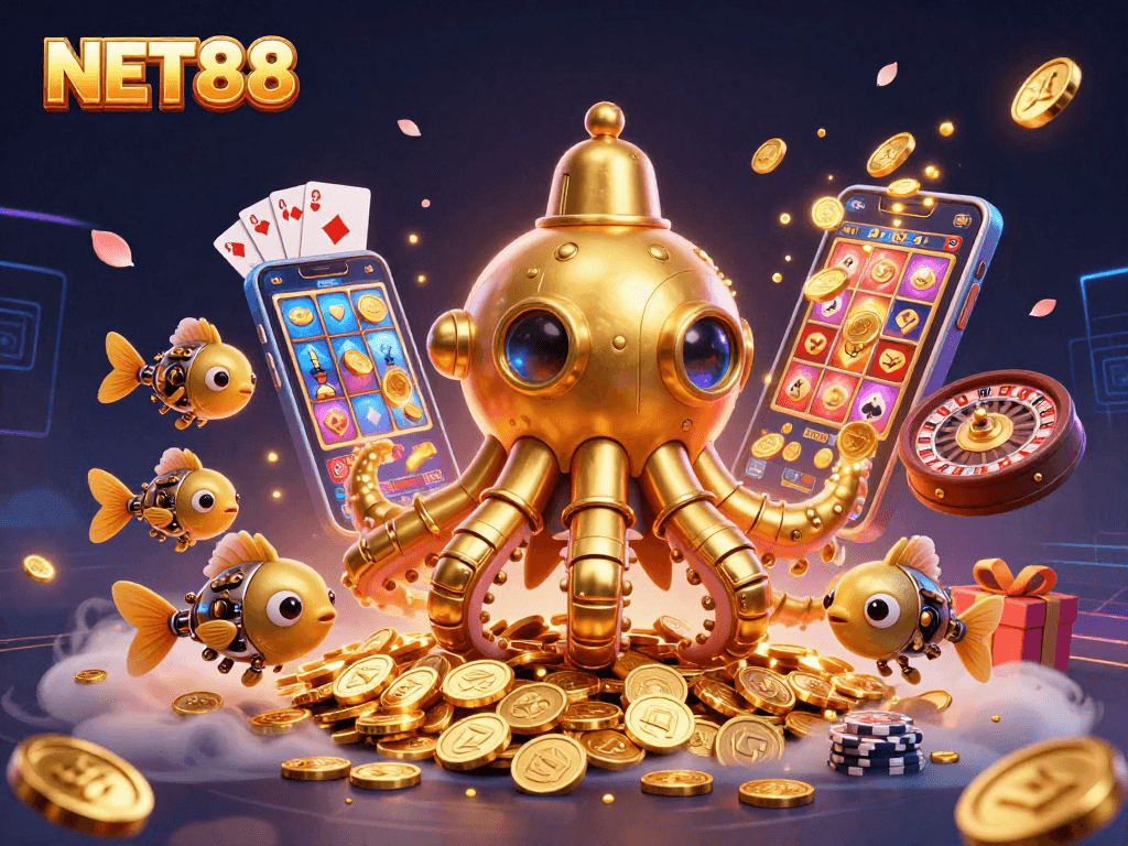 Experience the thrill of NET88 with a vibrant 3D illustration of a kraken submarine and casino elements.