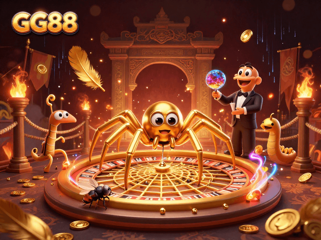Experience interactive betting with GG88's lively casino illustration featuring a quirky golden spider and a centipede croupier.