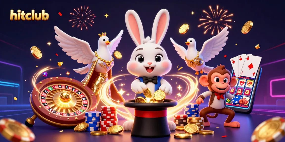 Experience winning at hitclub with a dazzling scene of a magician rabbit, dove, and monkey amidst casino treasures.